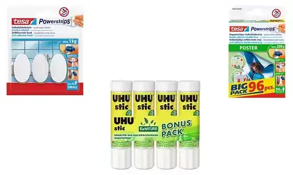 Offre Rentrée : jusqu'à 22% de rabais sur une sélection de colles, bandes adhésives et crochets adhésifs UHU chez Viking Direct